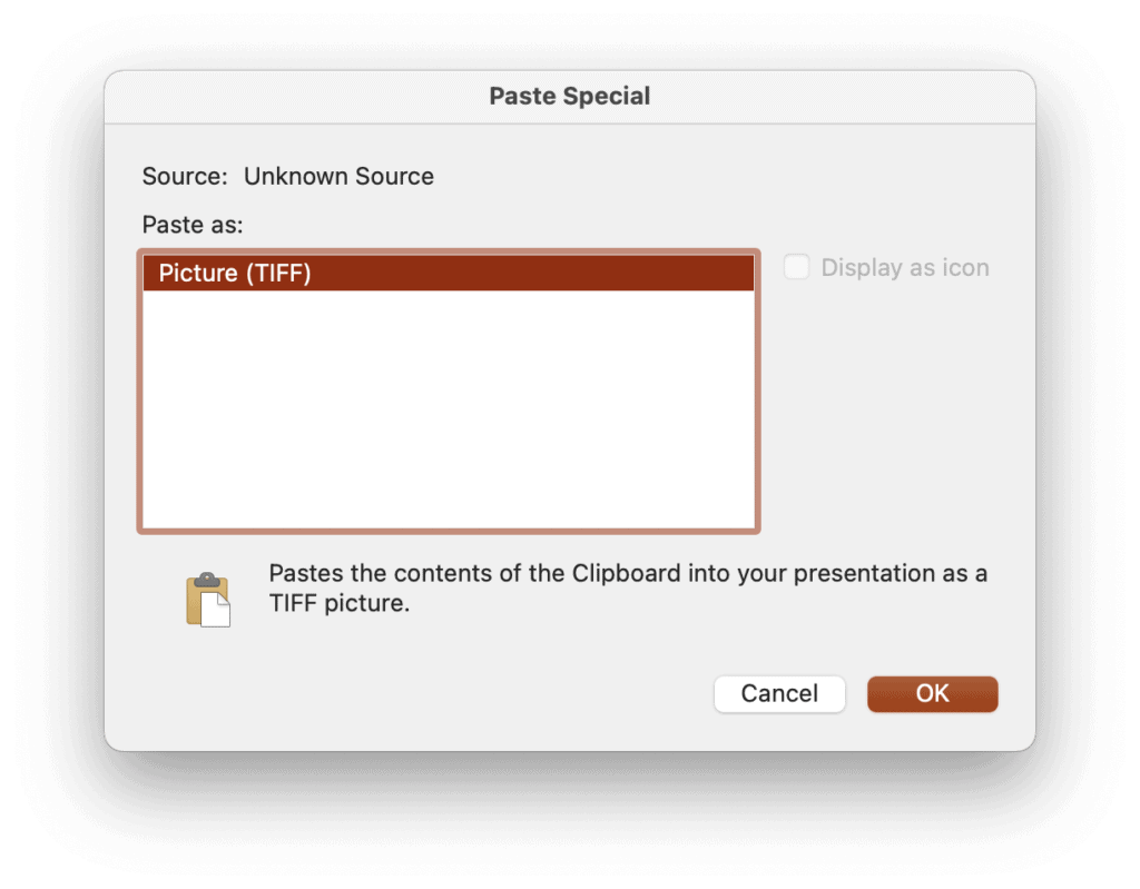 Dialog of Microsoft PowerPoint about Paste Special as TIFF