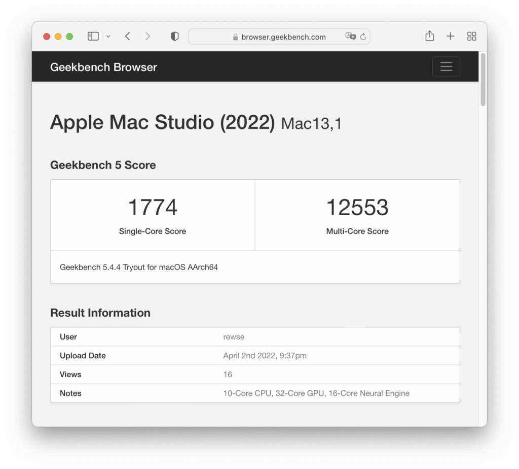 Geekbench 5 での Apple Mac Studio (2022) / Apple M1 Max (10-Core CPU, 32-Core GPU, 16-Core Neural Engine) のCPU計測結果