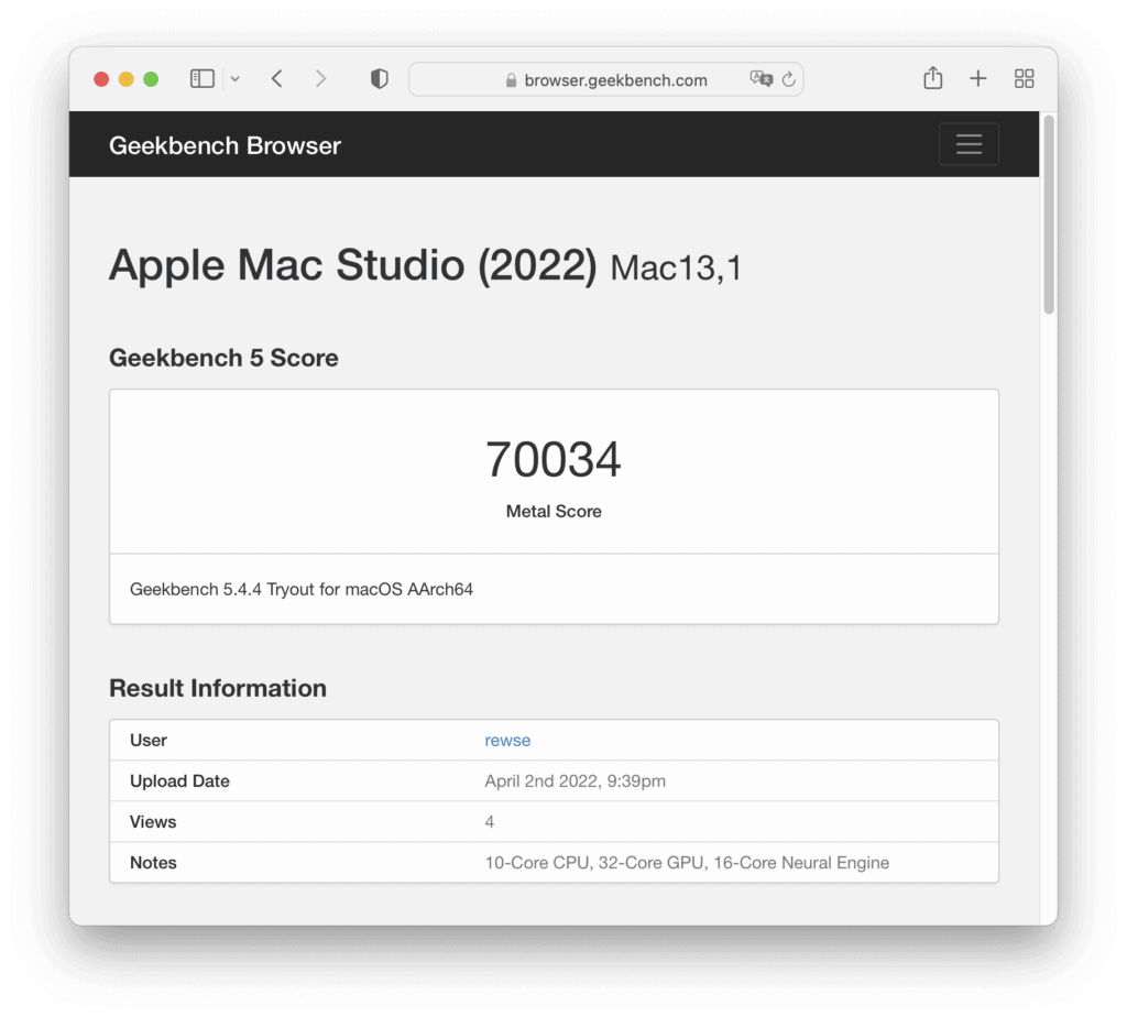 Geekbench 5 での Apple Mac Studio (2022) / Apple M1 Max (10-Core CPU, 32-Core GPU, 16-Core Neural Engine) の Compute (GPU) 計測結果